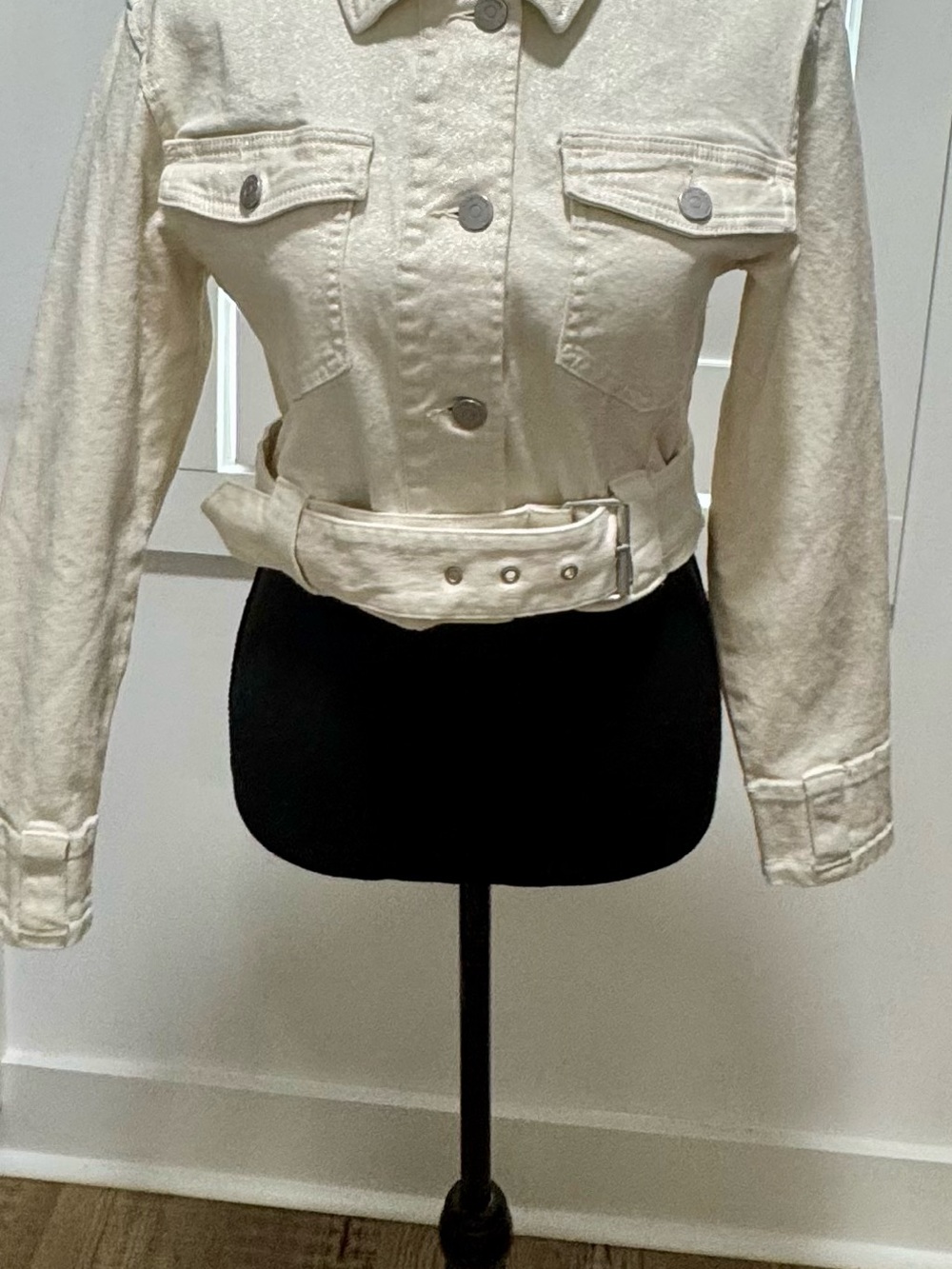 Habitual Cream Cropped Belted Denim Jacket